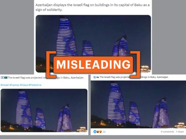 2015 image of Azerbaijan building displaying Israel flag shared as recent