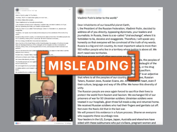 No evidence 'Putin’s letter to the world' is authored by Putin