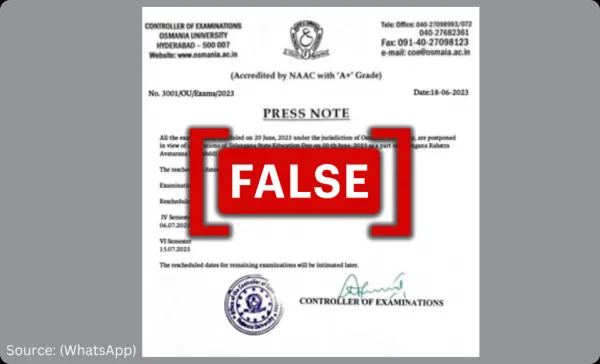 Viral circular from Osmania University with rescheduled dates for undergraduate examination is fake