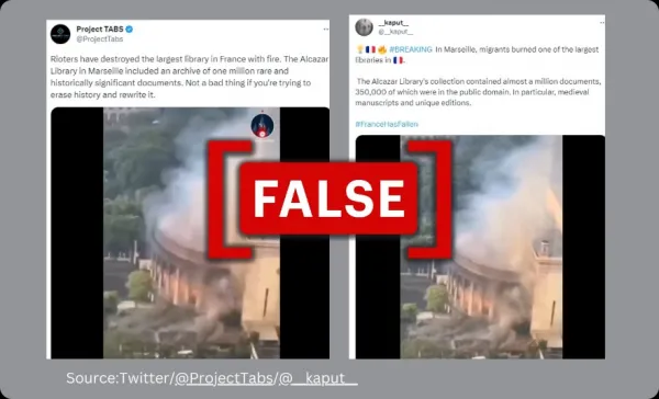Viral video does not show a library in France set ablaze by protestors