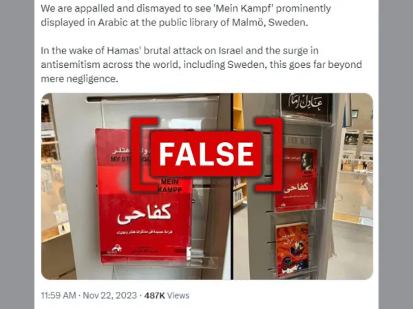 No, an Arabic translation of 'Mein Kampf' was not 'prominently displayed' in a Swedish library