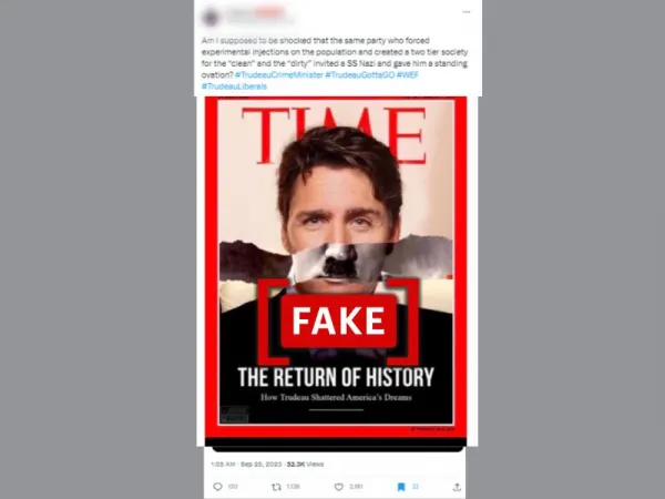Digitally altered image circulated as Time magazine cover comparing Trudeau to Hitler