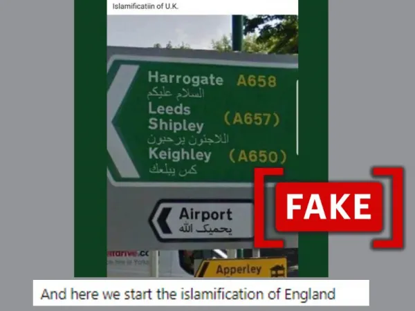 Arabic text added to edited photo of street sign to suggest ‘Islamification’ of U.K.