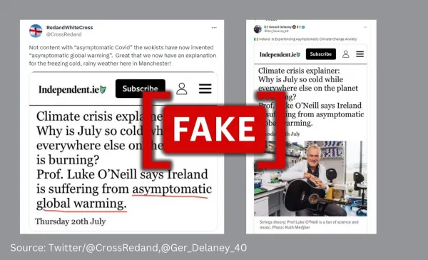 Fabricated screenshot peddled as Irish Independent's headline on 'asymptomatic global warming'